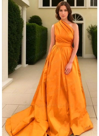 Orange A-line One Shoulder Satin Long Train Prom Dresses