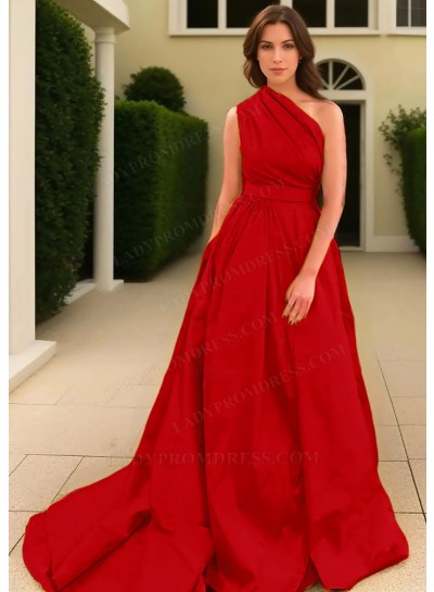 Red A-line One Shoulder Satin Long Train Prom Dresses