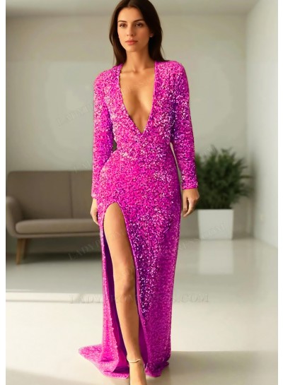 Fuchsia Sequined Deep V-neck Long Sleeves High Slit Formal Evening Prom Dresses