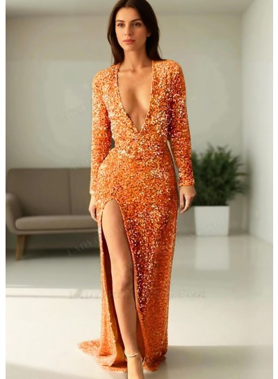 Orange Sequined Deep V-neck Long Sleeves High Slit Formal Evening Prom Dresses