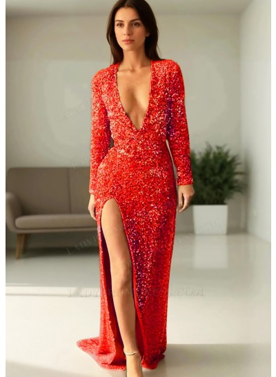 Red Sequined Deep V-neck Long Sleeves High Slit Formal Evening Prom Dresses