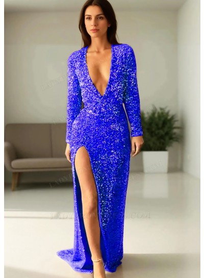 Royal Blue Sequined Deep V-neck Long Sleeves High Slit Formal Evening Prom Dresses