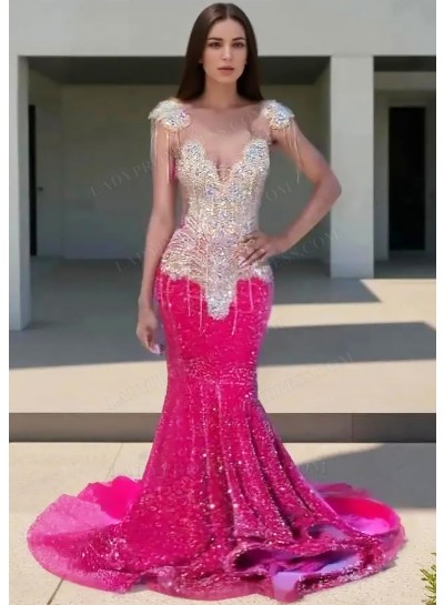 Fuchsia Sequined Fringe Shoulder Mermaid Prom Dresses with Fringes
