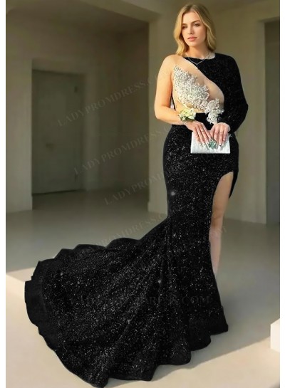 Black One-Sleeve Sequined High Slit Prom Dresses with Appliques