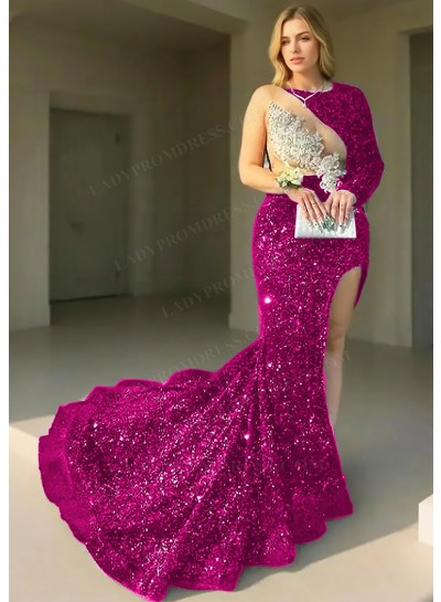 Fuchsia One-Sleeve Sequined High Slit Prom Dresses with Appliques