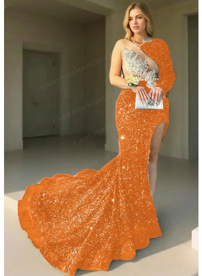 Orange One-Sleeve Sequined High Slit Prom Dresses with Appliques