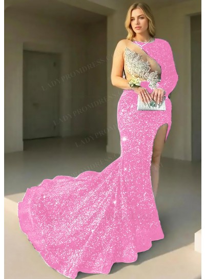 Pale Pink One-Sleeve Sequined High Slit Prom Dresses with Appliques