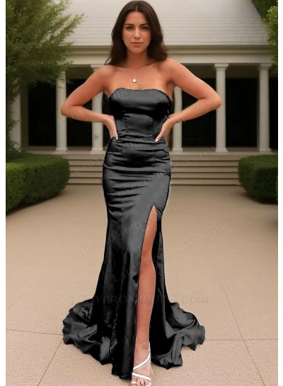 Black Satin Strapless High Slit Formal Evening Prom Dresses