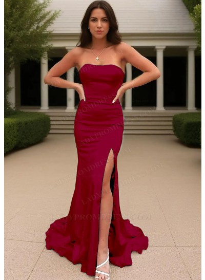 Burgundy Satin Strapless High Slit Formal Evening Prom Dresses