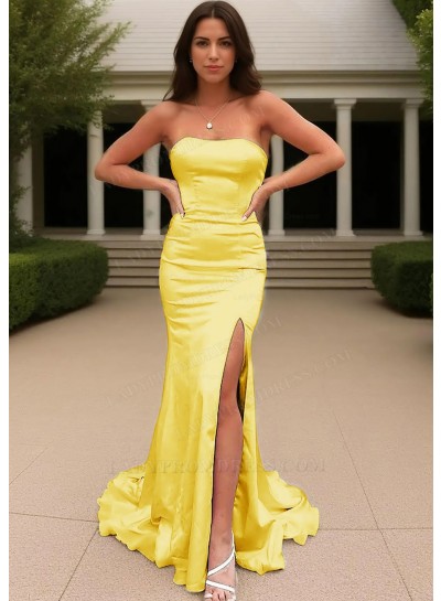 Daffodil Satin Strapless High Slit Formal Evening Prom Dresses