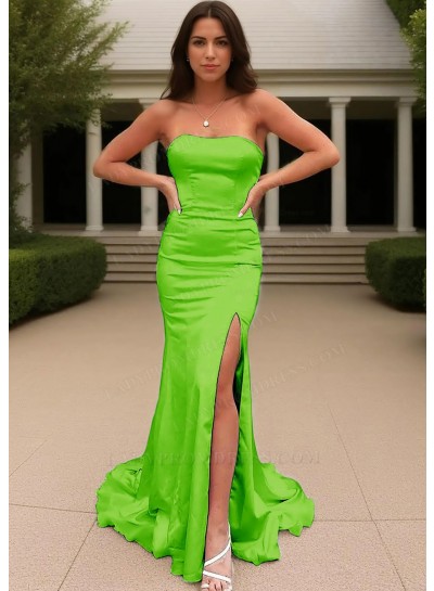 Lime Green Satin Strapless High Slit Formal Evening Prom Dresses