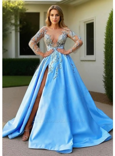 Blue Ball Gown Long Sleeves Bodice Satin Side Split Prom Dresses