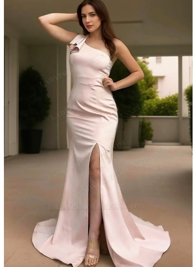 Pale Pink One Shoulder Satin Floor Length Slit Evening Dresses