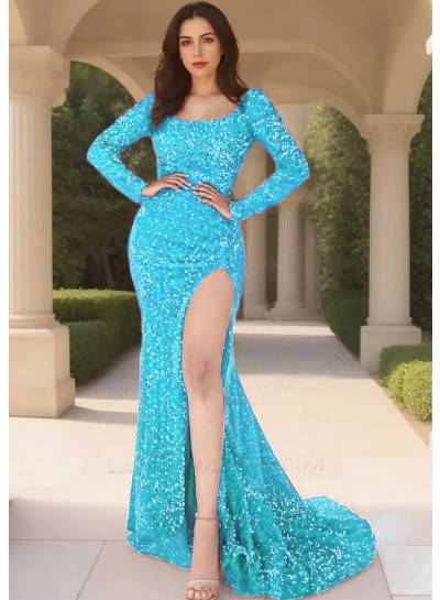 Blue Sequins Long Sleeve Scoop Neck High Slit Evening Prom Dresses