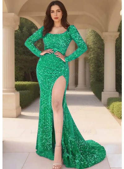 Emerald Sequins Long Sleeve Scoop Neck High Slit Evening Prom Dresses