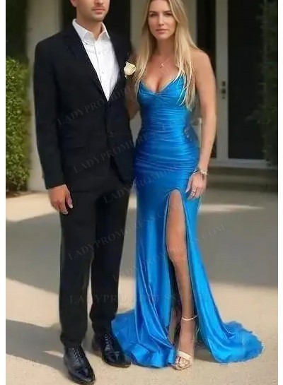 Lake Blue Ruched Satin Spaghetti Straps High Slit Prom Dresses