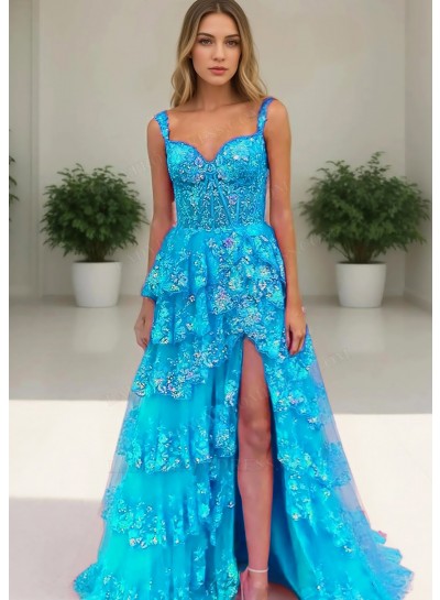 Blue Floral Lace Sweetheart Layered Side Split Prom Dresses