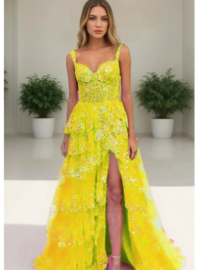 Daffodil Floral Lace Sweetheart Layered Side Split Prom Dresses