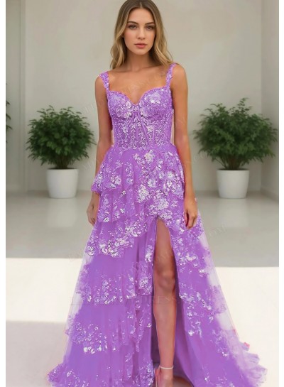 Lilac Floral Lace Sweetheart Layered Side Split Prom Dresses