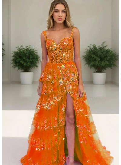 Orange Floral Lace Sweetheart Layered Side Split Prom Dresses
