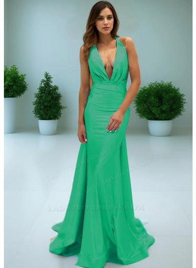 Emerald Plunging Neck Backless Mermaid Evening Prom Dresses