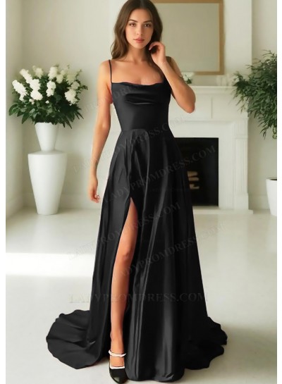 Black Satin Spaghetti Straps High Slit A-line Evening Prom Dresses