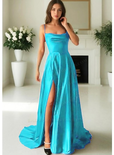 Blue Satin Spaghetti Straps High Slit A-line Evening Prom Dresses