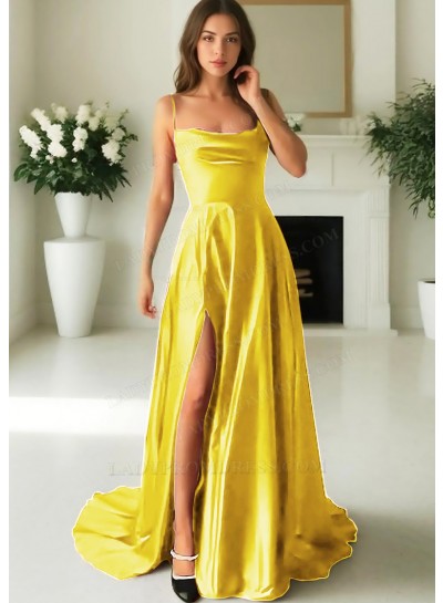 Daffodil Satin Spaghetti Straps High Slit A-line Evening Prom Dresses