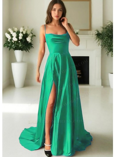 Emerald Satin Spaghetti Straps High Slit A-line Evening Prom Dresses