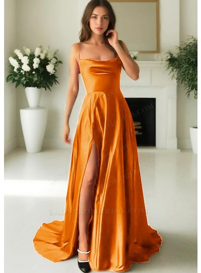Orange Satin Spaghetti Straps High Slit A-line Evening Prom Dresses