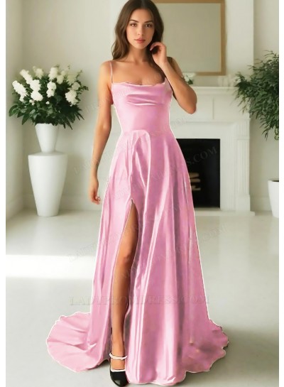 Pale Pink Satin Spaghetti Straps High Slit A-line Evening Prom Dresses