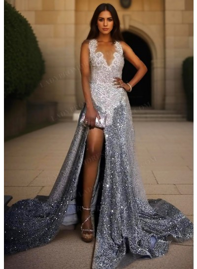 Silver Sequins V-neck A-Line Prom Dresses with Beaded