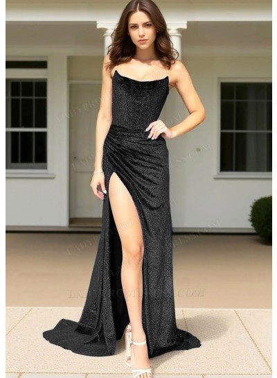 Black Strapless A-line Sequins High Split Evening Prom Dresses