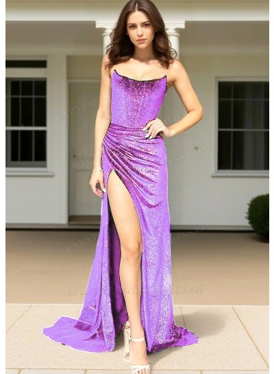 Lilac Strapless A-line Sequins High Split Evening Prom Dresses