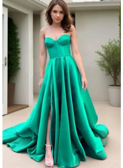 Emerald Green Sweetheart A-line Satin Slit Prom dresses