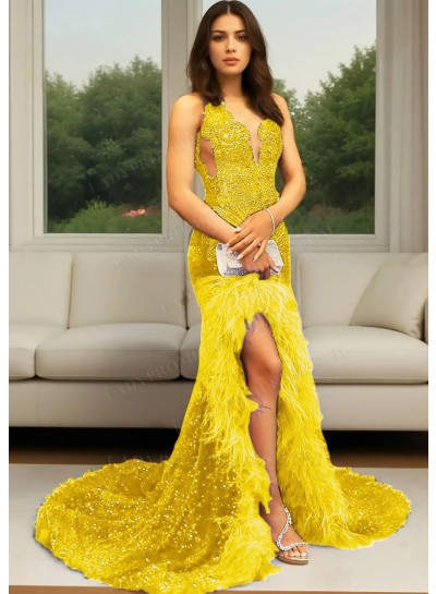 Daffodil Sequins High Slit Prom Dress with Feathers