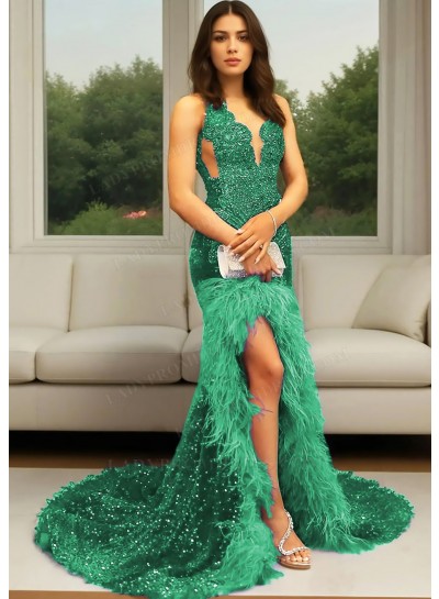 Emerald Sequins High Slit Prom Dress with Feathers