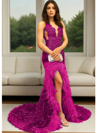 Fuchsia Sequins High Slit Prom Dress with Feathers