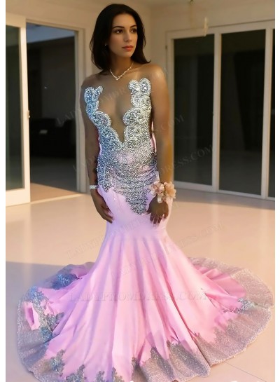 Pink V-neck Glitter Mesh Mermaid Prom Dresses with Beaded