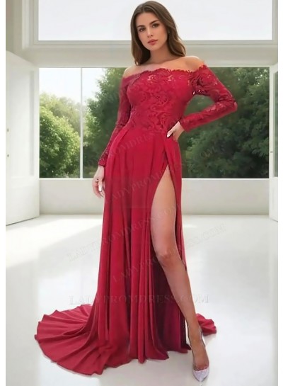 Red Off Shoulder Long Sleeves Chiffon Slit Prom Dresses with Lace Appliques