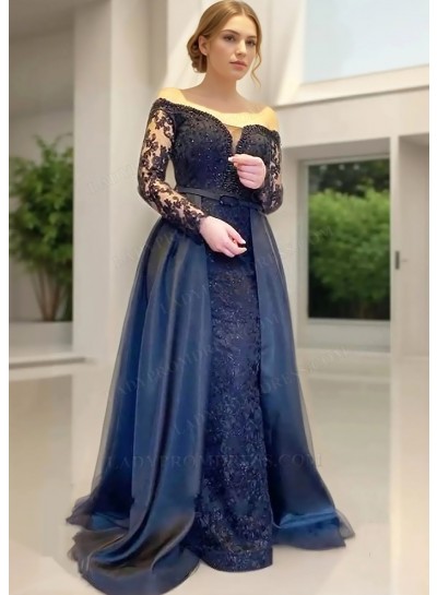 Black Off Shoulder Long Sleeves Lace Prom Dresses with Removable train
