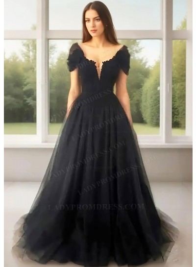 Black Off the Shoulder Tulle Cap Sleeve Prom Dresses with Appliques