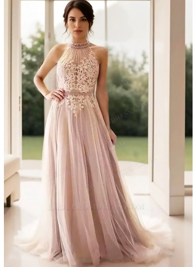 Blushing Pink High Neck Tulle Prom Dresses with Lace Appliques