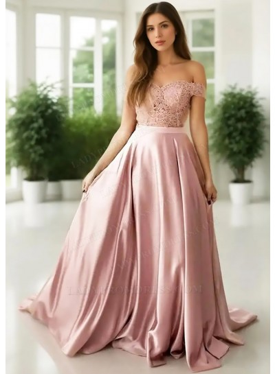Blushing Pink Two Piece Off the Shoulder A-line Prom Dresses with Lace Appliques