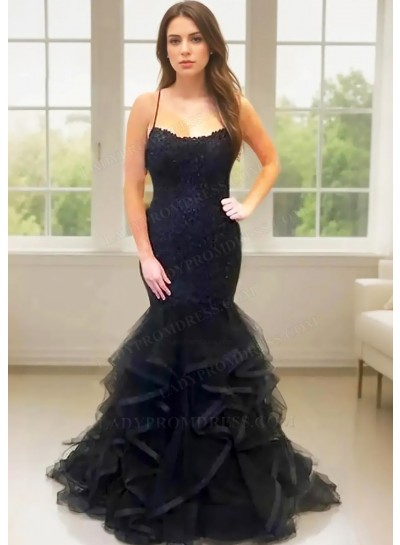 Black Spaghetti Straps Mermaid Multi-layered Prom Dresses with Appliques
