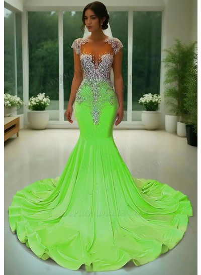 Lime Green Appliques Satin Formal Prom Dress with Rhinestone Beaded