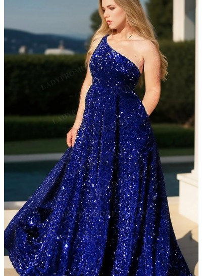 Royal Blue One Shoulder Plus Size Sequins Prom Dresses