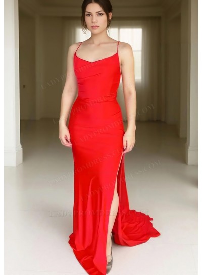 Red Spaghetti Straps Sheath Satin Side Slit Prom Dresses