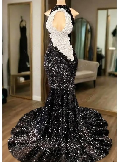 Black Halter Mermaid Sequined Prom Dresses with Appliques