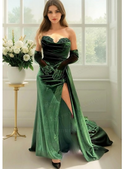 Emerald Green Velvet Sweetheart High Slit Evening Prom Dresses
